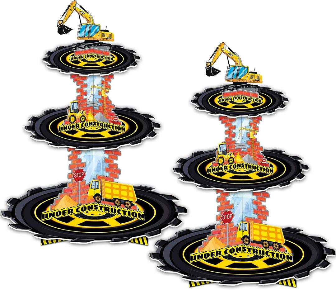 2 Pack Construction Birthday Decorations Party Supplies Favors: 3 Tier Building and Construction Vehicles Theme Cup Cake Stand with Topper, Waterproof Cardboard Cupcake Stand, High Stability