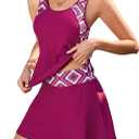 Two Piece Tankini Swimsuits for Women Printed Block Tankini Top with Swim Skirt Tummy Control Bathing Suit (Medium, Printed Deep Red)