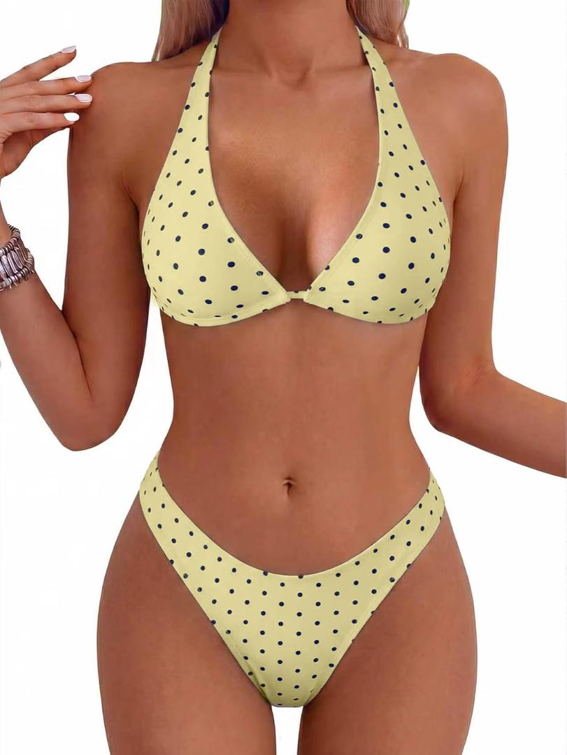 Fanuerg Women's Triangle Bikini Sets Halter String Two Piece Swimsuits High Cut Cheeky Bathing Suit (L)