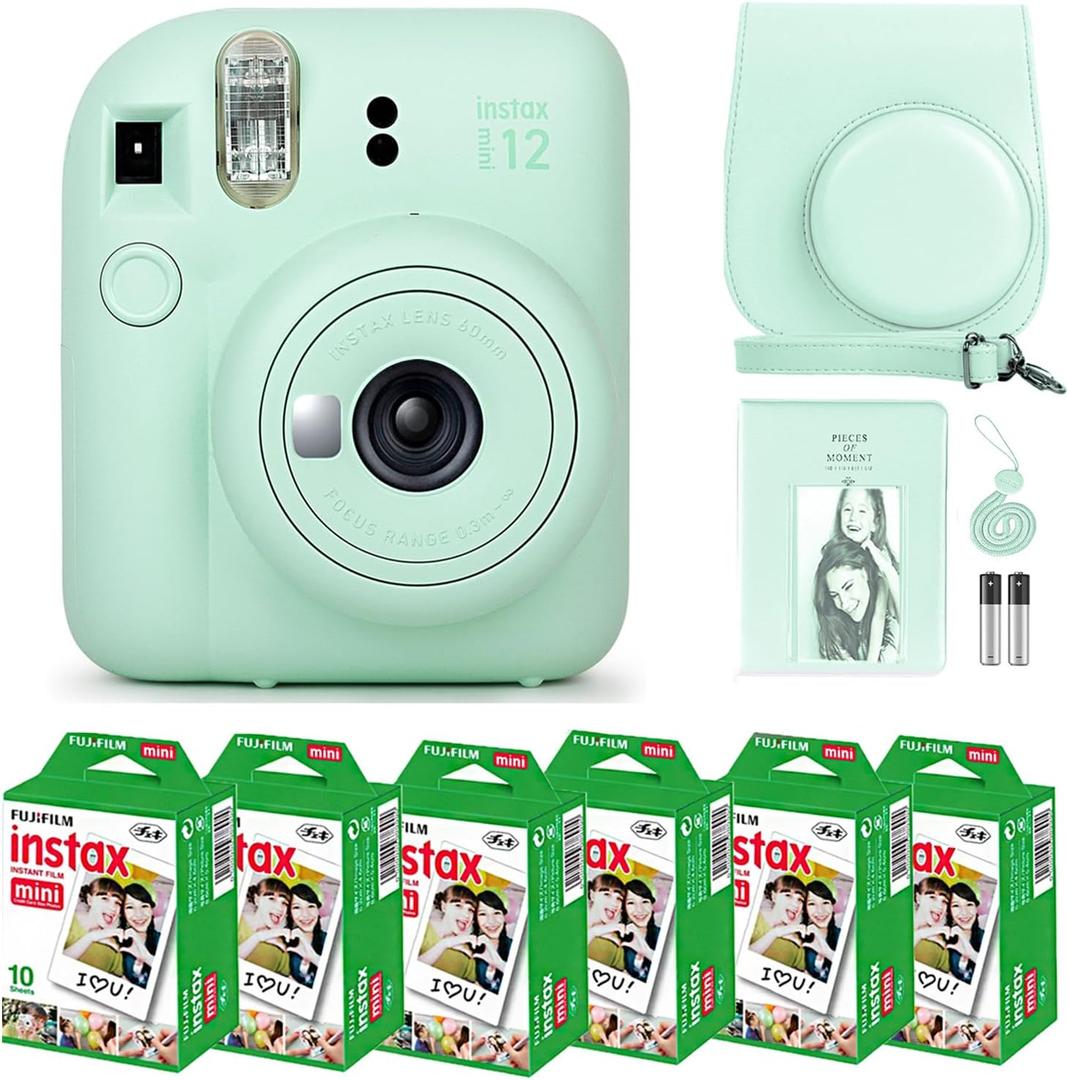 Fujifilm Instax Mini 12 Instant Camera Mint Green and Fuji Film Value Pack (60 Sheets) Bundle with Sturdy Tiger Accessories, Carrying Case, Photo Album 64 Pockets