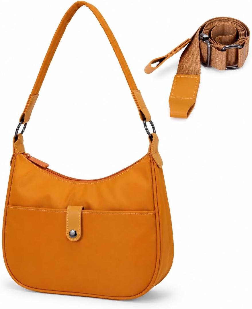 Shoulder Bag for Women, Nylon Tote Handbag Crossbody Purse with Detachable Strap, Lightweight Travel Satchel