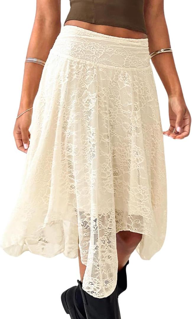 EHSUYAB Women's Lace Midi Skirt, Lining Layer Flowy Goth Renaissance Skirts, Country Concert Outfits Steampunk Music Festival Beige Small