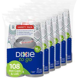 Dixie To Go Paper Coffee Cups With Lids, 16 oz, 108 Count (6 packs of 18 cups), Disposable Insulated Paper Cups for On-The-Go Hot or Cold Beverages