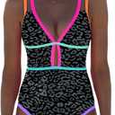 popvil Women One Piece Swimsuit 2026 Tummy Control Sexy Cutout Neon Color Block Bathing Suit Slimming Adjustable Swimwear (Medium, Black Leopard)