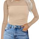 XIEERDUO Women's Sexy Sheer Long Sleeve Tops Crew Neck Mesh Ruched Going Out Shirts Blouse Date Night Outfits Beige Mesh