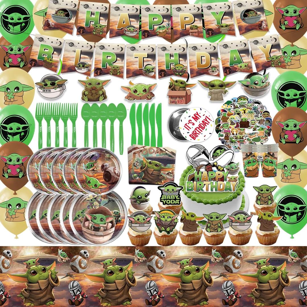 188Pcs Baby 𝓨𝓸𝓭𝓪 Birthday Decorations for Kids and Adults, Baby 𝓨𝓸𝓭𝓪 Birthday Party Supplies for 10 Guests Includes Birthday Banner, Backdrop, Cake Topper, Cupcake Toppers Stickers Etc.