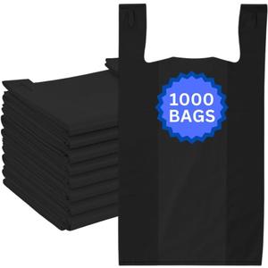 ASSUREPAK Easy Open - 1000 Bags - Black Unprinted HDPE T-Shirt Bags - 1/6 BBL 11.5"X6"X21" - 13 microns - LOOP-BLACK-EO
