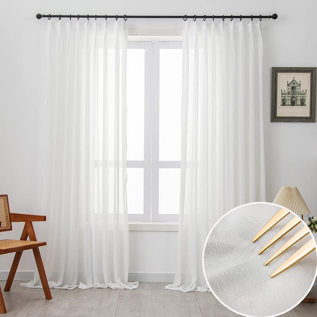 Pinch Pleated Drapes 108 Inches Long 1 Panel Off White Sheer Curtains for Living Room and Bedroom Semi-Sheer Light Filtering Curtains & Drapes for Sliding Glass Door, W52 x L108