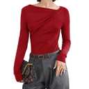 SweatyRocks Women's Ruched Long Sleeve Tops Asymmetrical Neck Fitted T Shirts Work Top Red Medium