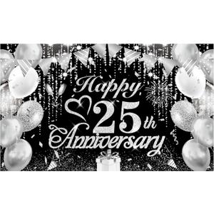 25th Wedding Anniversary Decorations Banner Black Silver Happy 25th Anniversary Banner for Women Men Silver Wedding Party Decorations 72.8x43.3 inches