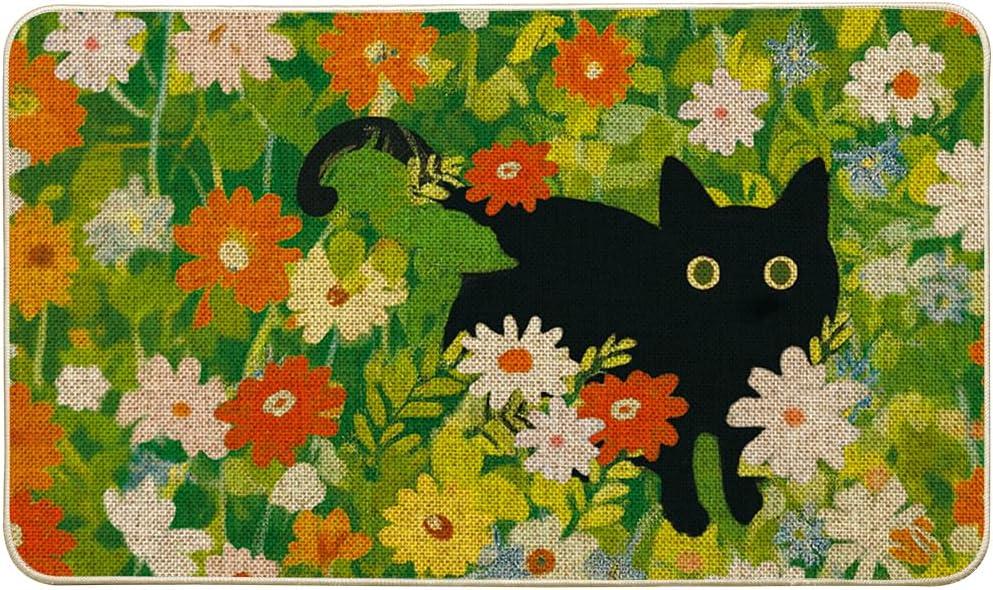 Artoid Mode Flowers Floral Black Cute Cat Spring Doormat,Home Decor Door Mat Low-Profile Switch Rug Floor Mat for Indoor Outdoor 17x29 Inch