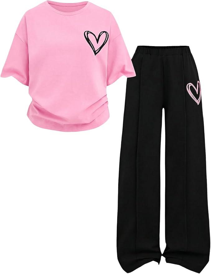 SOLY HUX Girl's Sweatsuit Short Sleeve T Shirts and Sweatpants Streetwear Summer Clothes 2 Piece,  12Y