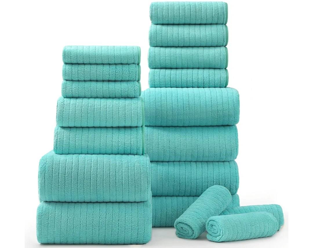 18 Piece Bath Towels Set,Ultra Soft Family Bathroom Towel Set with Hanging Loops-6 Bath Towels,6 Hand Towels,6 Washcloths,Highly Absorbent Quick Dry Shower Towel for Bathroom,Hotel,Spa-Teal Towel Set