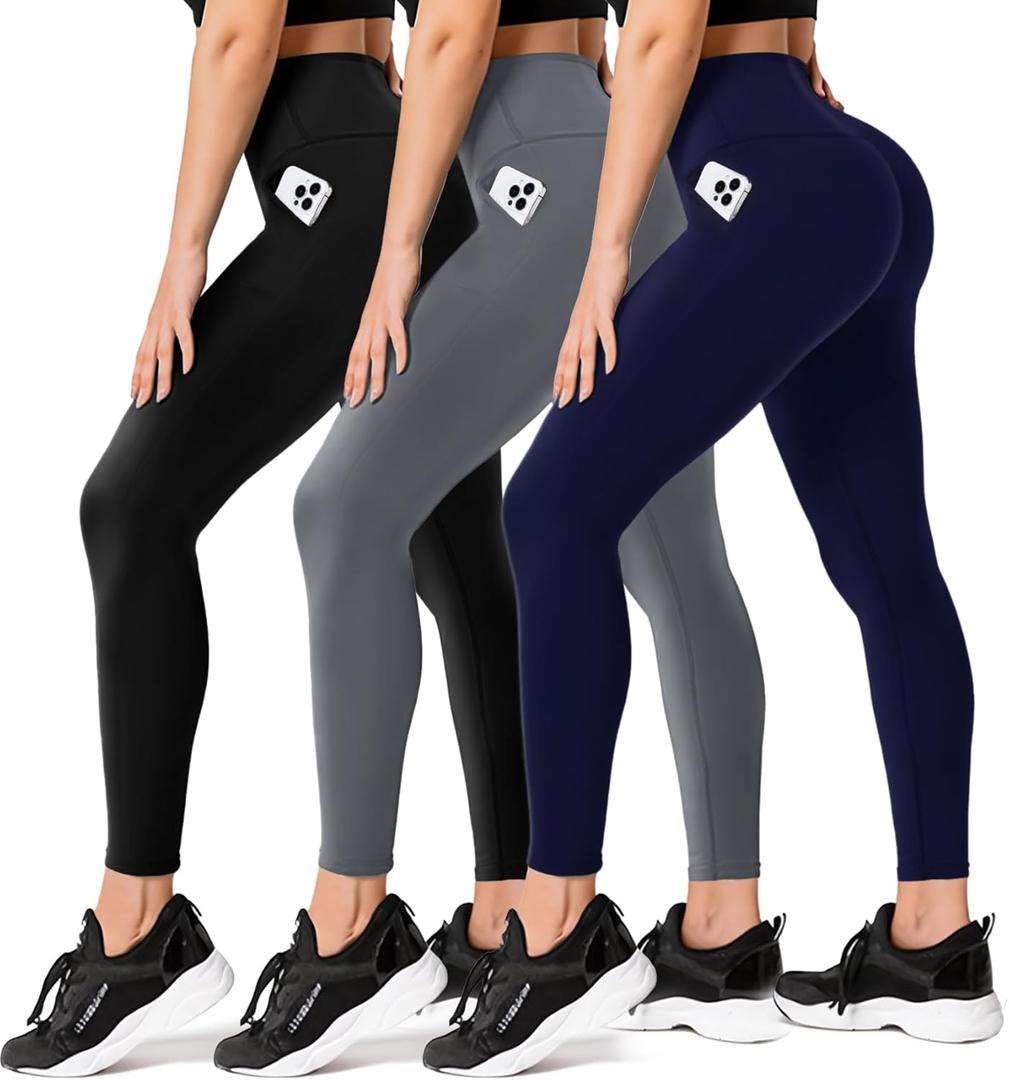 FULLSOFT 3 Pack Leggings for Women Non See Through-Workout High Waisted Tummy Control Running Yoga Pants with Pockets(3 Pack Black, Dark Grey, Navy Blue(with Pockets), Small-Medium)