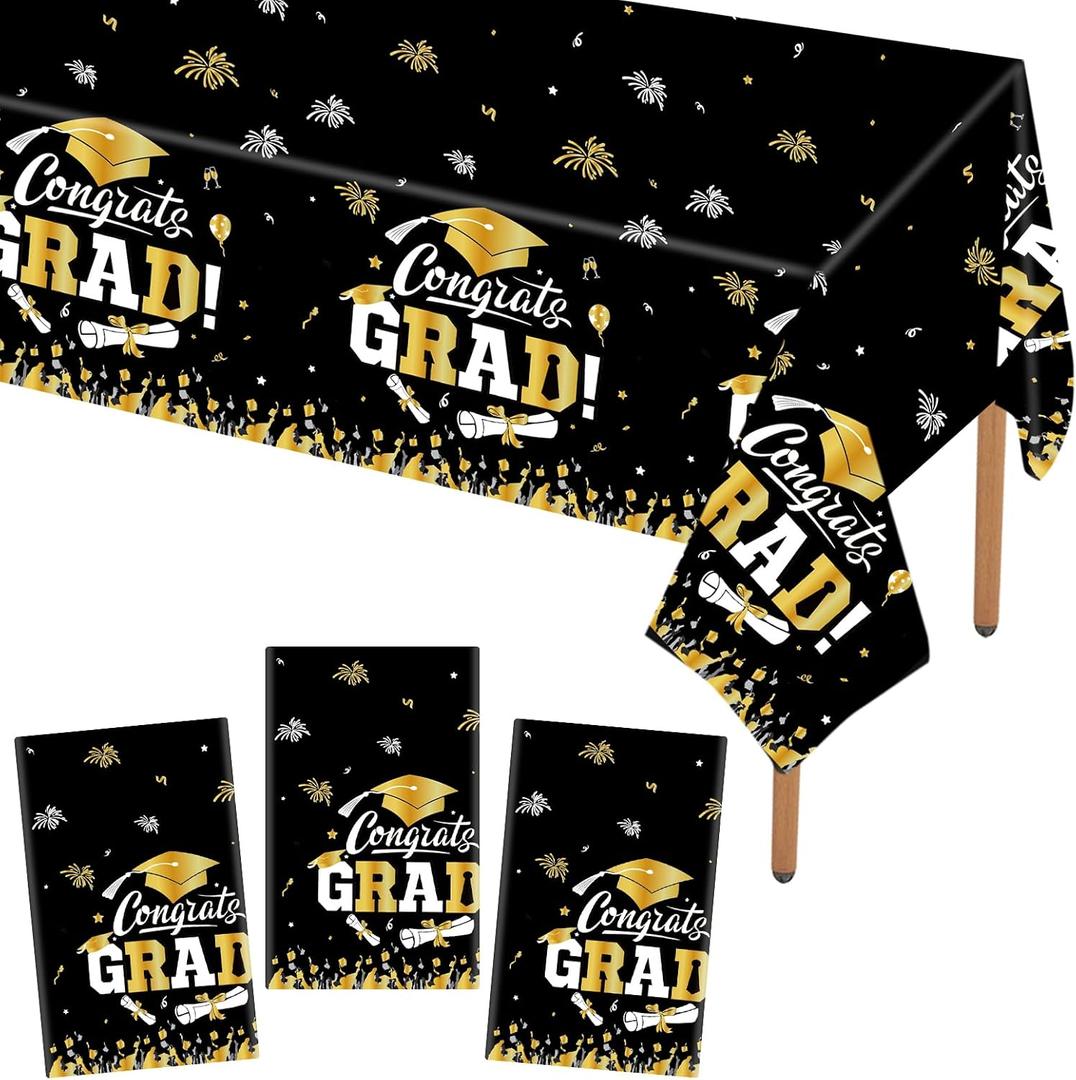 STARSIDE Set of 3 Plastic 2025 Graduation Tablecloth,54"x108" Graduation Party Table Decorations, Congrats Grad Disposable Tablecovers for Congrats Grad Party SuppliesBlack Golden