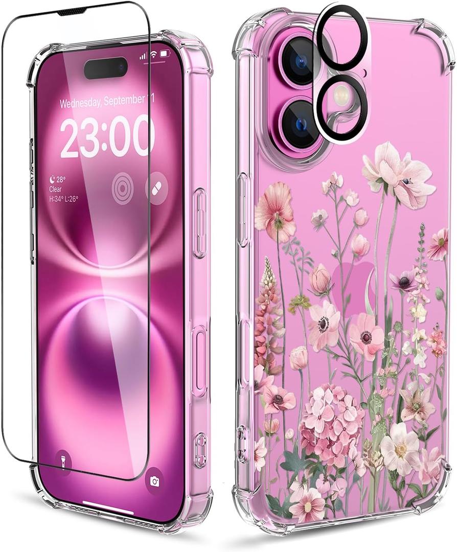 for iPhone 16 Case,[3 in 1] with Screen Protector & Camera Lens Protector, Flower Pattern Design,Clear Soft Shockproof Slim Floral Phone Cover for Women Girls 2024 6.1"(Mallow/Pink)
