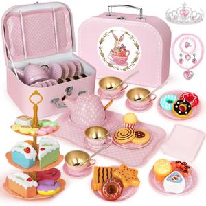 Tea Party Set for Little Girls, 49PCS Princess Tea Time Toys Including Tea Set Dessert Carrying Case, Kids Kitchen Pretend Playset, Tea Set for Girls Birthday Toddler Age 3-8, Pink