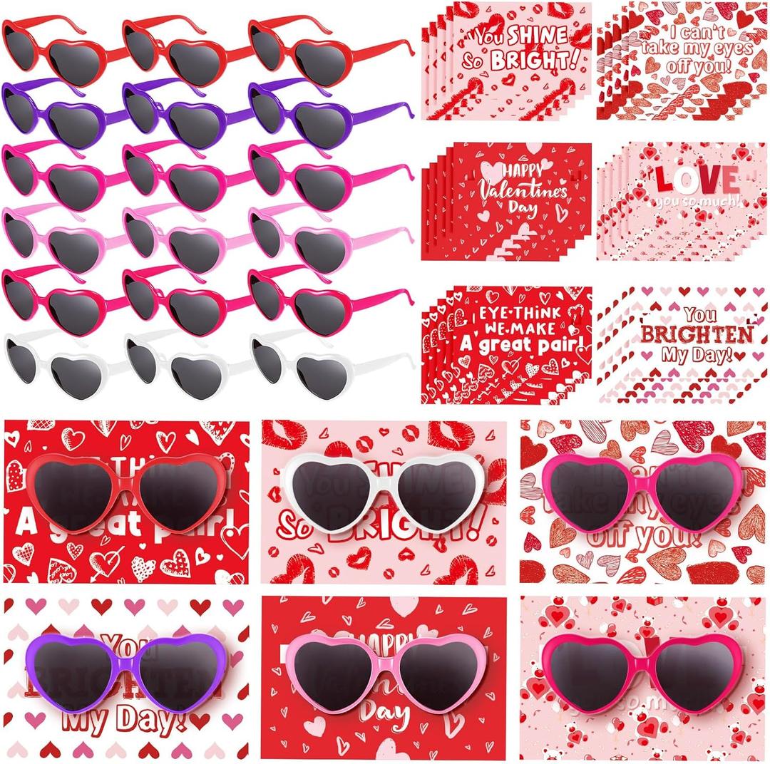 Kathfly 30 Sets Valentine Party Favors Valentines Day Cards with Heart Sunglasses Bulk for Unisex Gifts(Multicolor Heart Glasses)
