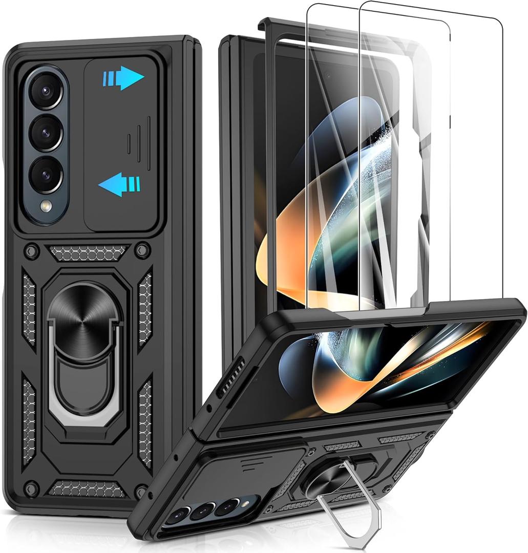 ATUMP for Galaxy Z Fold 4 Case with Slide Camera Cover, Heavy Duty Shockproof with 360 Rotation Kickstand [Military Grade] Protective Case for Z Fold 4, Black