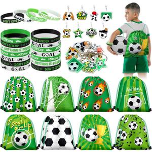 Talltalk 48 Pcs Soccer Party Favors Gifts Sets Kids Soccer Team Gift 16 Sets Green Goodie Bags Stuffers Drawstring Backpack Candy Snack Bag Motivational Wristband Keychains Birthday Party Supply Decor