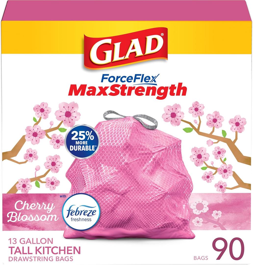 Glad Tall Kitchen Trash Bags 13 Gallon, MaxStrength Cherry Blossom Garbage Bags, Drawstring, 90 Count