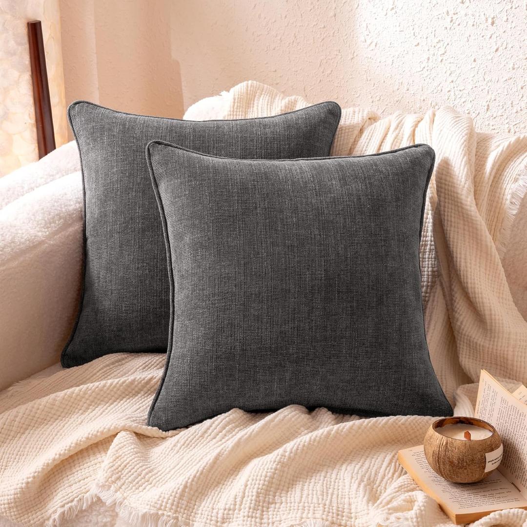 Amazon Basics Faux Linen Throw Pillow Covers with Hidden Zipper Closure, 18  18in, Dark Gray, Pack of 2