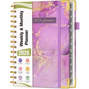 2026 Planner, Hardcover Weekly and Monthly Planner, January 2026 - December 2026, Spiral Yearly Agenda Organizer Book 2026 with Tabs, Daily Calendar Planners for School Work Home, A5 (5.75" x 8.38"), Purple Marble