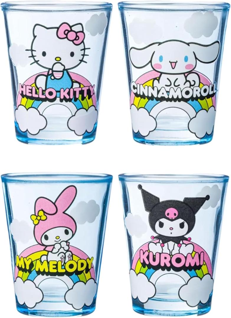 Silver Buffalo Sanrio Hello Kitty and Friends Featuring Cinnamoroll, My Melody, and Kuromi Rainbow Cloud 4 Pack Mini Glass Set, 1.5 Ounces