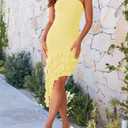 ZESICA Women's 2026 Summer Strapless Bodycon Tube Dress Sexy Off Shoulder Mesh Irregular Ruffle Backless Party Midi Dresses (Yellow, M)