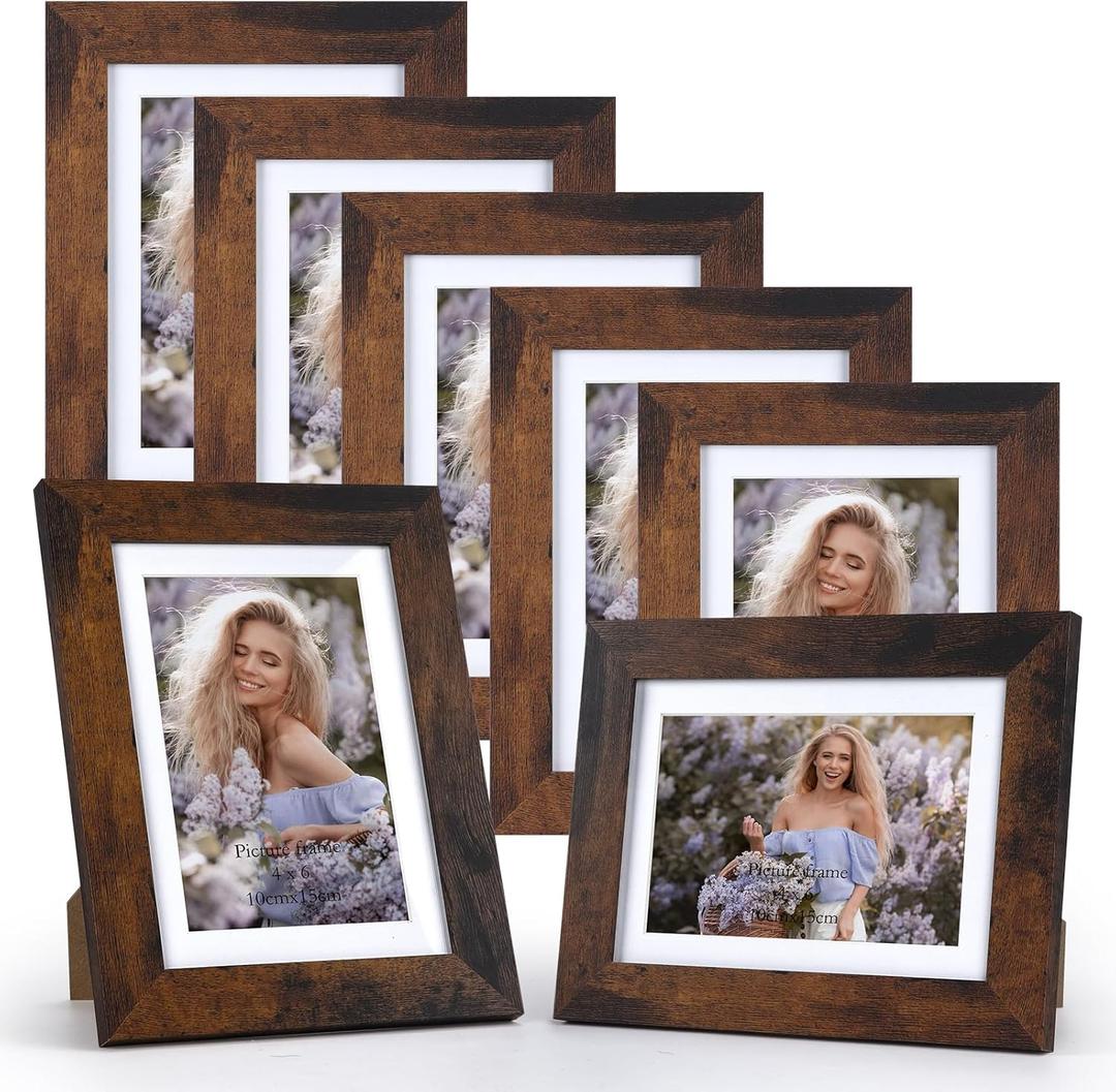 PETAFLOP 4x6 Picture Frame 7 Pack, Rustic Brown Wooden Frames Display 4 by 6 Inch Photo with Mat or 5x7 without Mat for Wall or Tabletop Decor