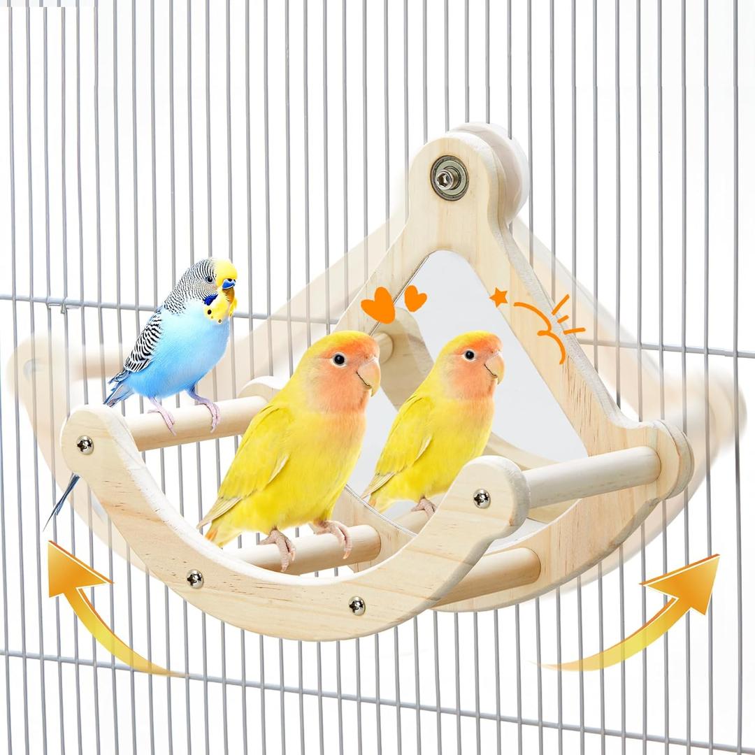Bird Perch Toy with Mirror for Cage, Interactive Rocking Parakeet Toys and Perches, Wood Exercise Wheel Cockatiel Toys, Birds Enrichment Toy for Parrot, Bird Cage Accessories Perch for Budgies Conure