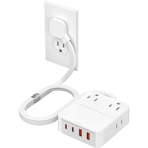 Power Strip Flat Plug with 4 AC Outlets 4 USB Ports (20W), Surge Protector Charging Station with Overload Protection, 6Ft Flat Plug Extension Cord, Fast Charging for Office Dorm Room (White)
