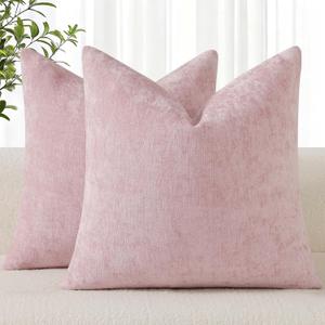 decorUhome Chenille Blush Pink Spring Valentines Day Throw Pillow Covers 18x18 Inch Set of 2, Decorative Soft Couch Pillow Covers Solid Dyed Accent Farmhouse Neutral Square Pillow Cases for Sofa
