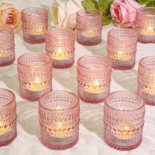 24 Pcs Votive Candle Holders, Glass Holders Bulk for Table Centerpiece, Tea Lights Candle Holders for Wedding Shower, Party and Home Decor Pink