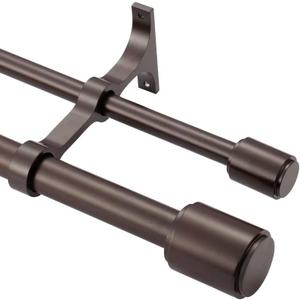 Double Curtain Rods 36-72 Inch, Bronze Double Curtain Rods with Cap Finials, Adjustable 1 Inch Front and 5/8 Inch Back Double Drapery Rod, Telescoping Dual Curtain Rod, Double Window Treatment Rods (Bronze Double Rod)