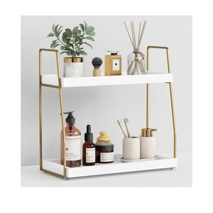 Forbena Bathroom Organizer Countertop, Counter Organizer for Bathroom Decor, Wooden Sink Shelf for Vanity Storage, Makeup Tray for Perfume Skincare Bedroom Kitchen Corner (2 Tier, White and Gold)