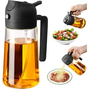 Olive Oil Sprayer for Cooking, 470ml 2 In 1 Glass Oil Dispenser/Pour Bottle, Kitchen Accessories, Kitchen Gadgets for Air Fryer, Salad, BBQ (Black)