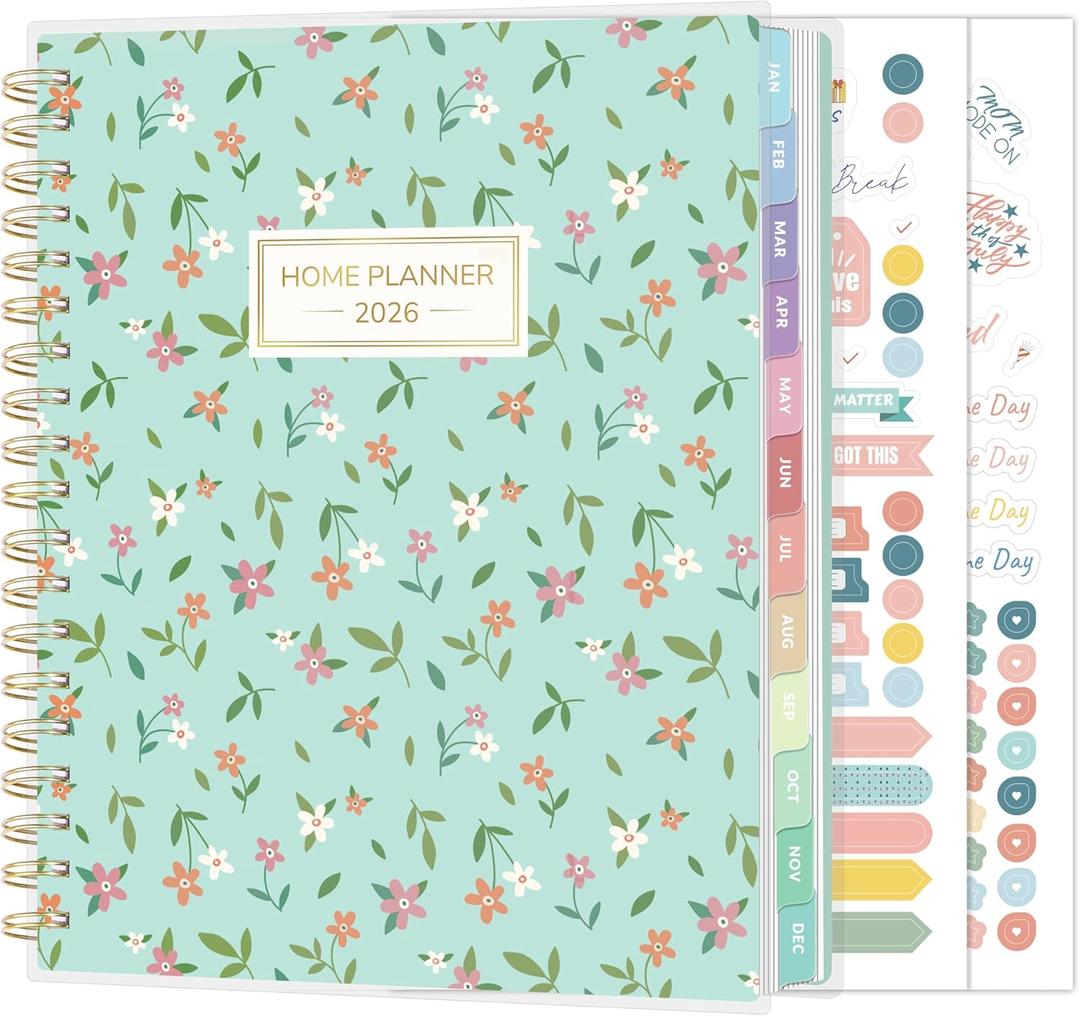 SUNEE Home Planner 2026, Work from Home Planner w/Stickers, JAN 2026 - DEC 2026, Monthly Budget Planner, Checklists for Routines and Goals, Weekly Calendar, Ideal for Gift, Poly Laminated Cover,Floral (Fresh Ditsy Floral)
