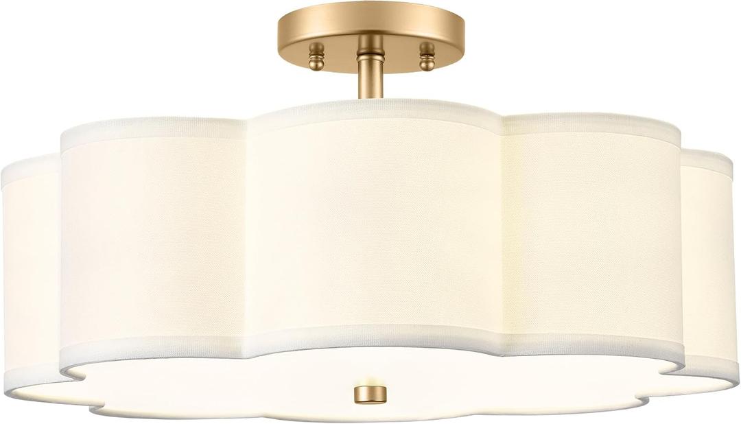 Gold Semi Flush Mount Ceiling Lights, 4-Light 18" Ceiling Light Fixtures with Fabric Shade in Flower Shape, Farmhouse Brass Drum Lighting for Nursery Bedroom Kitchen, AD-22009-4SF-GD, 18", Single Shade