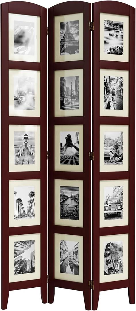SZQINJI 3 Panel Photo Room Divider Screen, Solid Wood Divider for Room Separation for 8x10 Picture Frame Without Mat for 5x7 Photo with Mat, Walnut