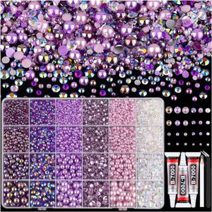 9000PCS Flatback Pearls and Rhinestones for Crafting, Purple 3-10mm Resin Rhinestones and Half Pearls for Bedazzling, Nail Art and Dec with 3pcs B7000 Jewelry Glue, Tweezer and Pickup Pencil