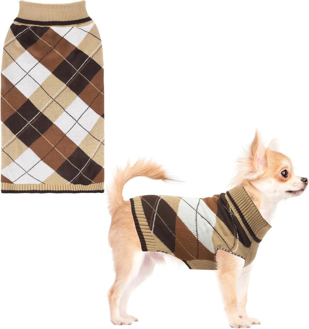 KOOLTAIL Dog Sweater Pet Knitted Clothes - Classic Plaid Pullover Turtleneck Thick Warm Fall Dog Sweaters with Leash Hole, Soft Dog Winter Clothes for Small Medium Large Dogs Cats Puppy Girls Boys, S (Small, Khaki)