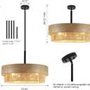 23.6" Large Wood Texture Drum Chandelier for Dining Room with Woven Rattan
