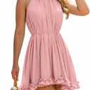 Women's Halter Mini Dress with Built-in Shorts Flowy Sleeveless Tie Back Ruffle Ruched Vacation Short Dress-pi-M Pink (Pink, M)