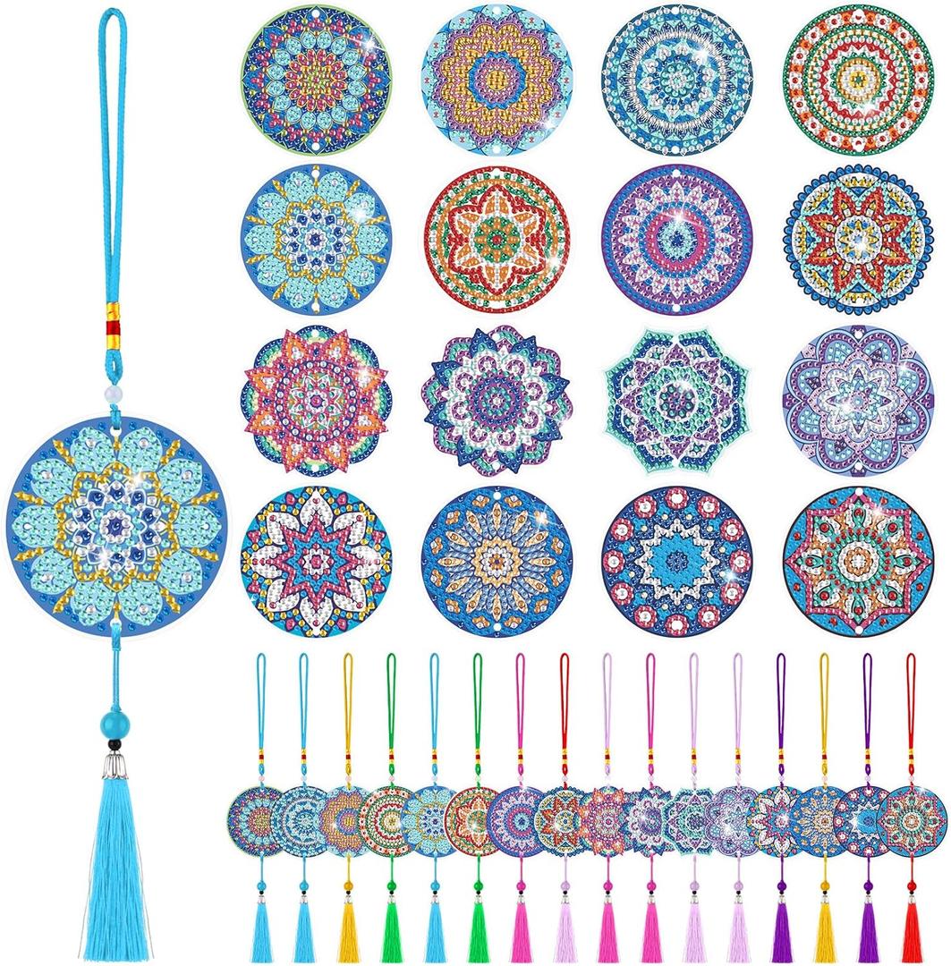 Saillong 16 Pcs Diamond Art Car Ornaments Mandala Diamond Painting Kit Ornament for Car Hanging Suncatchers Charm for Rear View Mirror Double Sided Painting Crystal Gem Garden Decoration Paint DIY Kit