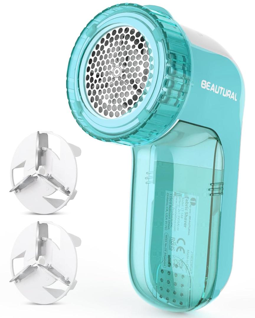 BEAUTURAL Fabric Shaver and Lint Remover, Sweater Defuzzer with 2-Speeds, 2 Replaceable Stainless Steel Blades, Battery Operated, Remove Clothes Fuzz, Lint Balls, Pills, Bobbles, Blue