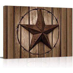 Western Texas Star Canvas Print Wall Art - Country Rustic Wood Grain Farmhouse Barn - Wall Decor Modern Artwork Paintings Pictures for Living Room Stretched and Framed Ready to Hang - 24" x 36"