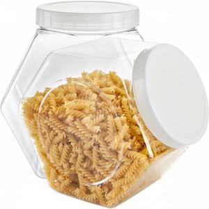 SOUJOY 2 Pack Plastic Candy Jar with Lid, 1 Gallon Cookie Containers for Kitchen Counter, Clear Hexagon Candy Display for Snacks, Dog Treats, Craft and Sewing Supplies, Coffee Pod, Laundry Pod