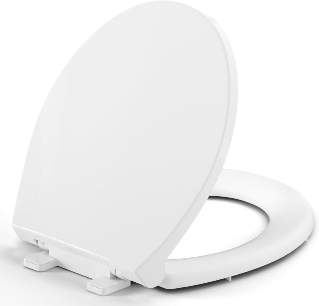Round Toilet Seat, Standard 16.5 Slow/Soft Close Round Toilet Seat for Round Toilets, No-Slam Quiet-Close Lid, Easy-to-Install, White, Durable Never-Loosen Design