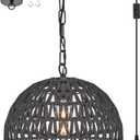 ELYCCUPA Hand-Woven Rattan Black Plug in Pendant Light with Adjustable Chain Transitional Minimalist Boho Dome Wicker Pendant Hanging Light for Kitchen Island Dining Room Hallway, Dia 13”, UL Listed